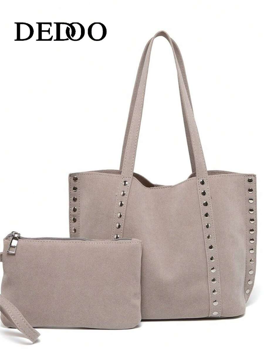 Black High Capacity Commuter Handbag, Women's Fashion Rivet Decor Shoulder Bag Unique Element Elegant Suede Design Handbag, Suitable For Dates, Daily, Shopping, Beach Vacation And Various Occasions (With Small Pouch Included) - Grey - View 1