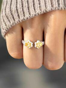 1 süßer und modischer S925 Sterling Silber goldener Palmenprint Tier Ring mit kontrastierender Farbe und offenem Design, für Frauen als süßer täglicher Urlaubsoutfit