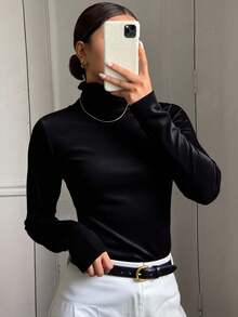 Livesso 女式天鹅绒纯色黑色长袖休闲 T 恤，秋季女装高领衫 - 黑色 - 查看 4