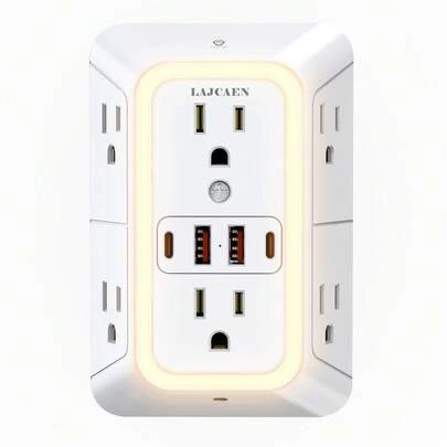 JcBlaon Multi Plug Outlet Surge Protector 6 Outlet Extender With 4 USB Ports (2 USB C) And Night Light, 3-Sided Power Strip With Adapter Spaced Outlets - White