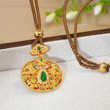 1pc Goldtone Prosperity Green Gourd Lock Pendant With Cubic Zirconia, Hollow Flower Filigree Butterfly Auspicious Lock Pendant With Inlaid Green Agate, Sweater Necklace