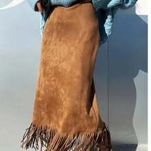 Women's Solid Color Elegant Suede Fringe Skirt Spring - Tan - View 2