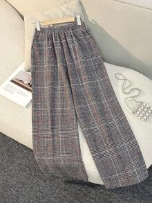 女士百搭格子裤，带口袋、拉链和纽扣开合，适合办公室、度假、日常穿着、约会、秋冬