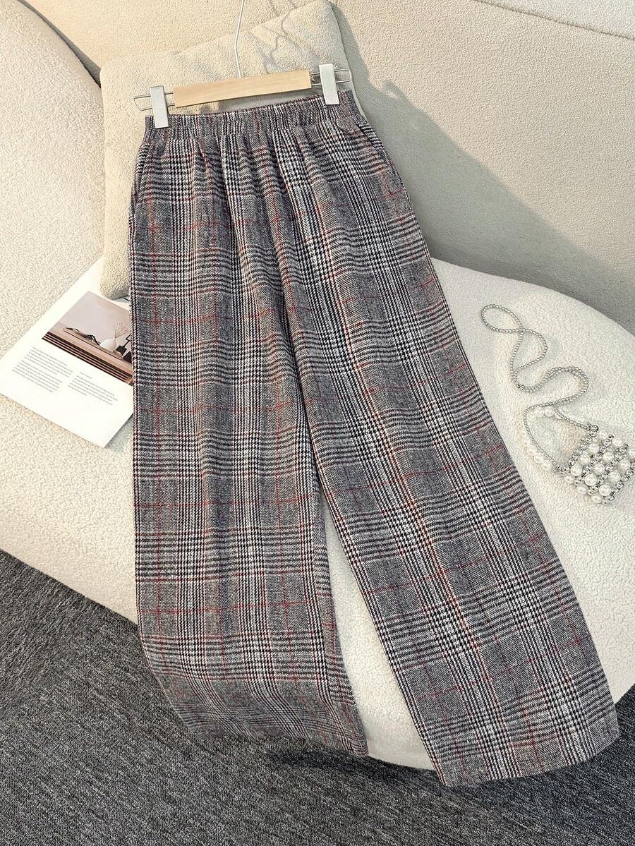 女士百搭格子裤，带口袋、拉链和纽扣开合，适合办公室、度假、日常穿着、约会、秋冬