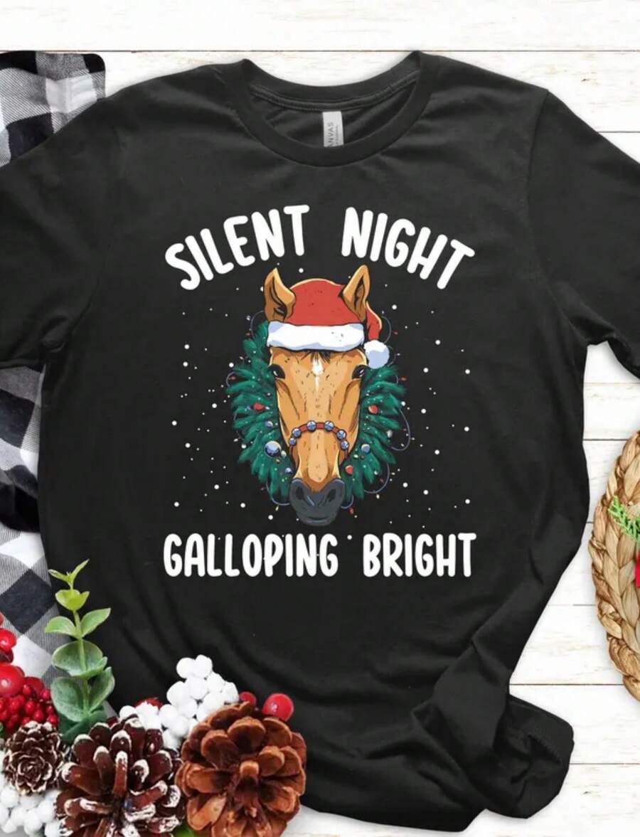 Christmas Horse Shirt Xmas Horse Rider Holiday Horse Riding Gift - Black - View 1