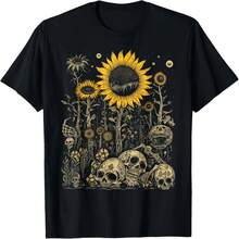 100% Cotton Vintage Skull And Sunflower Gothic Aesthetic T-Shirt, 220g - Goblincore Cottage Style, Short Sleeve, Machine Washable - 黑色 - 查看 2