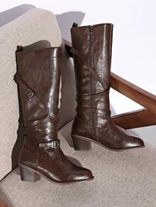 2025 Autumn New Metal Buckle Stacked Heel Boots, Thick Sole Desert Western Over-The-Knee Cowgirl Boots For Women, Side Zipper, Festive