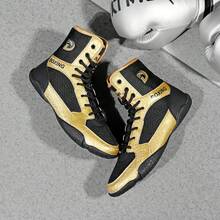 Sapatos de luta livre masculinos, sapatos de boxe de cano alto, sapatos de treino, botas de kickboxing, sapatos de artes marciais para fitness, sapatos esportivos profissionais de alta qualidade para homens, confortáveis, antiderrapantes, duráveis, respiráveis, com suporte para o tornozelo e sola texturizada. - Ouro Negro 25012 - Ver 3