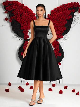 Women's Solid Color Elegant Thick Strap High Waist A Hem Backless Lace Mid Length Party Dress For Prom Birthday Party Evening Date Homecoming Party Wedding Guest Cocktail Reception Family Festival