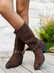 Botas Country Femininas, Novo Estilo de Outono/Inverno, Cor Amarelo-Marrom, Moda Bico Fino, Bordado, Salto Grosso Cano Médio Tipo Puxar Botas Country