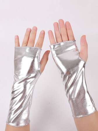 1 Pair Vintage Elegant Open Finger Glossy Black Short Gloves, Halloween Decor Gloves, Punk & Hip Hop Faux Leather Stage Performance Gloves