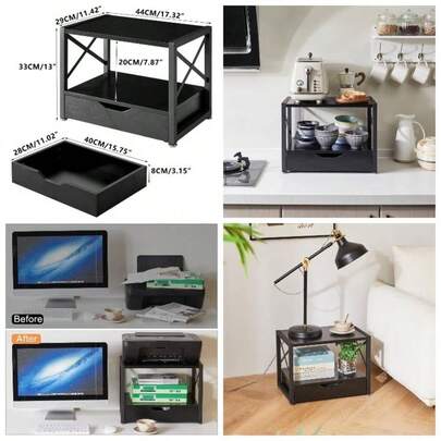 2 Tier Desktop Printer Stand, Multi - Purpose Desk Organizer, Wooden Printer Stand With Drawer Storage Folders, Books, Fax, Scanner, Home Office, Blac