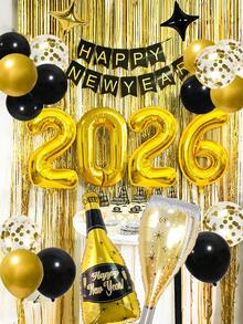 36 件 2026 新年气球套装，包含 2026 金箔气球、新年快乐横幅、乳胶气球、新年叶气球、酒瓶和香槟形气球，适用于 2026 黑金新年派对、除夕装饰、生日、毕业典礼、拍照道具、节日装饰 - 彩色 - 查看 3