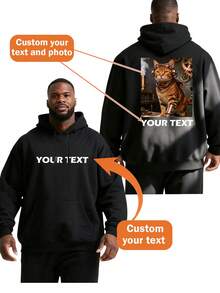 Customized Photo Printed Hoodie Sweatshirt For Plus Size Men, Upload Your Interesting Photos Of Friends, Family, Loved Ones, Pets, Personalized Plus Size Men's Hoodie, Long Sleeve Top - Black - View 1