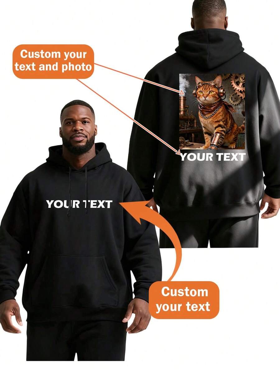 Customized Photo Printed Hoodie Sweatshirt For Plus Size Men, Upload Your Interesting Photos Of Friends, Family, Loved Ones, Pets, Personalized Plus Size Men's Hoodie, Long Sleeve Top - Black - View 1