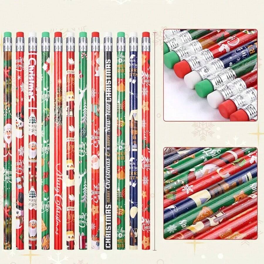 圣诞系列铅笔 - 雪人、圣诞树、驯鹿、圣诞老人图案，可爱高品质 HB 铅笔，适合学生书写，圣诞礼物 - 彩色 - 查看 1