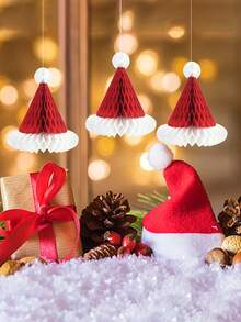 1/5pcs Red & White Christmas Honeycomb Hat, Christmas & New Year Shop Window & Indoor/Outdoor Decoration, Red Paper Honeycomb Ball Santa Hat, Tissue Paper Balls, Christmas Party Decor, Room Decoration