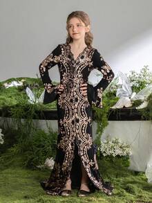 ALISA&LEO Elegant V-Neck Long Sleeve Sequin Girls' Formal Dress With Flared Cuffs And High Slit For Wedding Ceremonies, Evening Galas, Award Ceremonies, Holiday Balls, And Formal Receptions