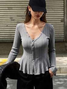 Livesso 女式纯色 V 领长喇叭袖优雅秋季上衣长袖上衣 - 灰色 - 查看 2