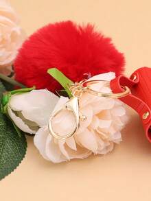 Fashionable And Versatile Bag Charm, Mini Earphone Pouch, Charm Pendant For Women Handbag, Fluffy Pom-Pom Mini Bag Charm Keychain - Red - View 5