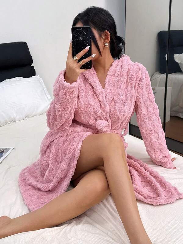 1pc Women's Plush Hooded Robe With Diamond Pattern, Rabbit Ear Design, Dual Pockets, Relaxed Fit With Tie Waist, Warm Loungewear For Autumn/Winter