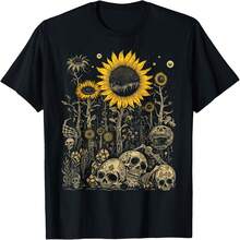 100% Cotton Vintage Skull And Sunflower Gothic Aesthetic T-Shirt, 220g - Goblincore Cottage Style, Short Sleeve, Machine Washable - 黑色 - 查看 1