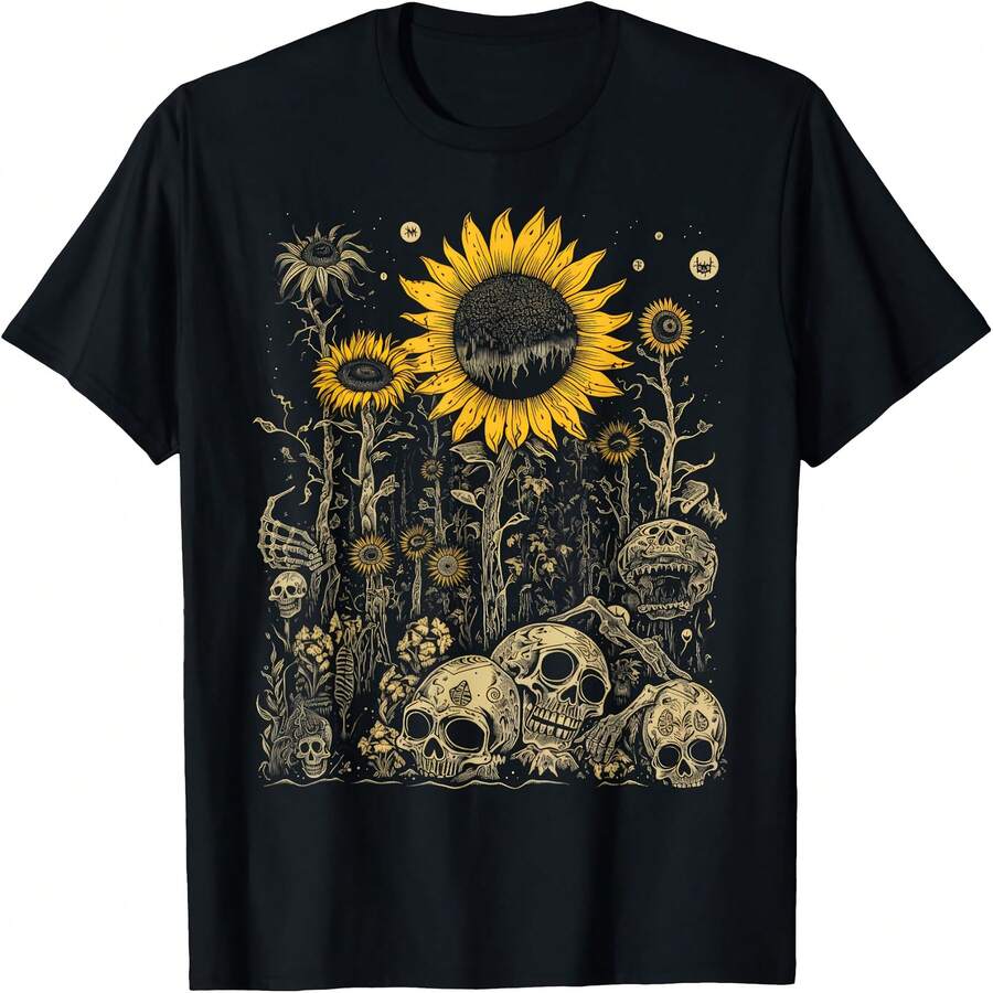 100% Cotton Vintage Skull And Sunflower Gothic Aesthetic T-Shirt, 220g - Goblincore Cottage Style, Short Sleeve, Machine Washable - 黑色 - 查看 1