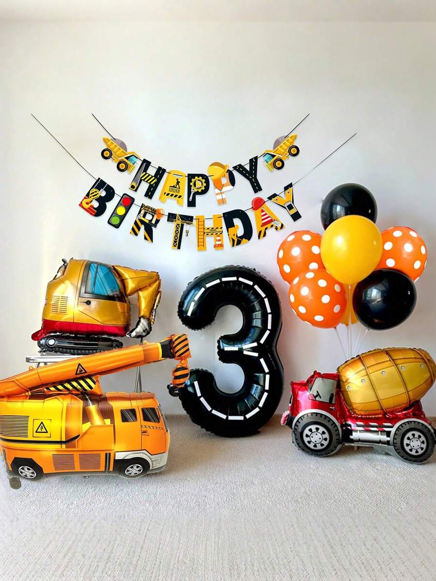 12 件生日装饰气球套装,40 英寸 0-9 生日条纹数字气球,大型工程车辆(挖掘机、起重机、混凝土搅拌机)铝箔气球,生日快乐工程车辆拉旗,适用于生日派对、周年纪念装饰 - 彩色 - 查看 1