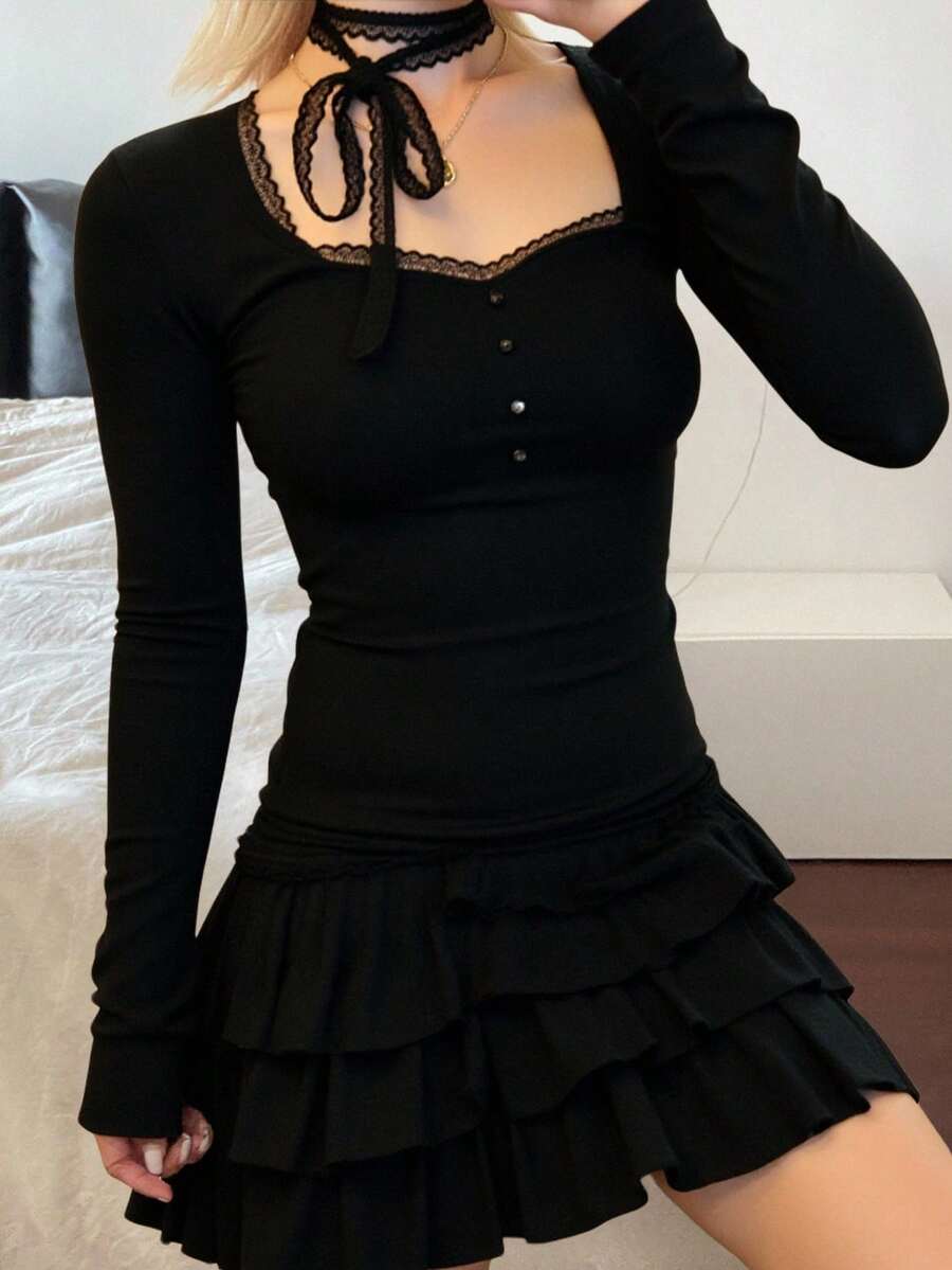 Livesso Camiseta de manga larga con cordones elegante para mujer, primavera/otoño - Negro - Ver 1