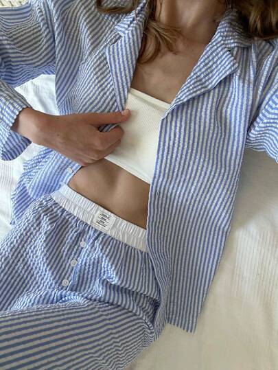 Nina Bonheur 2pcs Women Striped Button-Front Long Sleeve Pajama Set + Elastic Waist Pants, Cute Sleepwear Suit, Fall & Winter Clothes