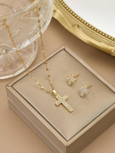 Juego de joyería elegante y de moda: 1 collar de cruz de acero inoxidable totalmente cubierto de rhinestones, 1 pieza de aretes de cruz de acero inoxidable totalmente cubiertos de rhinestones, collar dorado, aretes dorados, joyería de acero inoxidable, collar de cruz, regalo