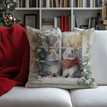 1 pieza Funda de cojín de ventana de conejo de invierno navideño, material de terciopelo de melocotón con impresión unilateral, 45*45CM/18*18 pulgadas, adecuado para decoración de habitación, decoración minimalista moderna de sala de estar, regalo