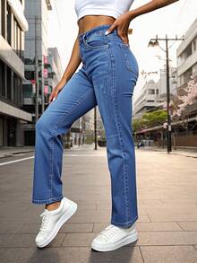 Pantalones vaqueros rectos de tiro alto en azul, tejido suave y elástico, versátiles para looks casuales que estilizan las piernas. - Azul lavado medio - Ver 3