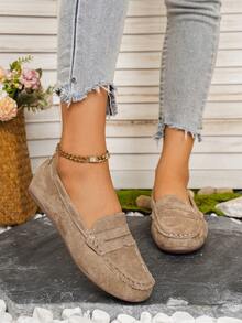 女士圆头便士乐福鞋，加大码，镜面抛光，纯色，柔软舒适，四季皆宜，简约设计，聚氨酯鞋面，织物内衬，TPR鞋底，无亮片，建议手洗或专业干洗 - 駝色 - 查看 5