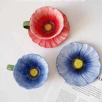 2pcs Handpainted Ceramic Floral Cups & Saucers Set, Ceramic Coffee/Tea Cup & Saucer, 300ml Large Cup With Saucer, Elegant Handcraft Pattern