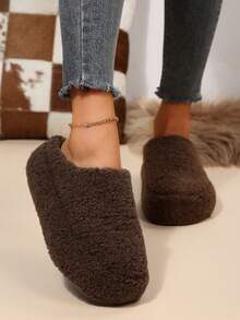 Chinelos Deslizantes Fofos para Mulheres, Chinelos Internos/Externos Planos Quentes Forrados de Pelúcia para Outono/Inverno