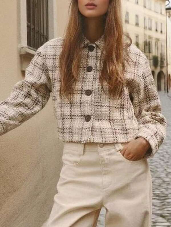 conciso Damen Herbst kurze elegante langärmelige Bluse, elegante Tweed-Knopfjacke für den Berufsverkehr
