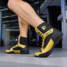 Sapatos de luta livre masculinos, sapatos de boxe de cano alto, sapatos de treino, botas de kickboxing, sapatos de artes marciais para fitness, sapatos esportivos profissionais de alta qualidade para homens, confortáveis, antiderrapantes, duráveis, respiráveis, com suporte para o tornozelo e sola texturizada. - Ouro Negro 25012 - Ver 5