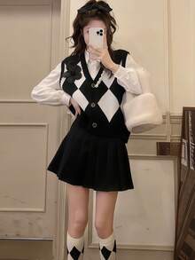 1pc Academic Elegant Mature Student JK Uniform Costume Set, COSPLAY Role Play Outfit For Holiday Party, Performance, Stage Wear, Includes Blouse + Skirt + Vest
