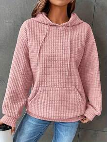 Plus Size Women Casual Loose Pullover Hooded Long Sleeve Patchwork Waffle Sweatshirt - Coral Pink - View 3