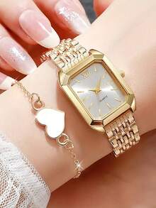 Set de 4 piezas Relojes para adolescentes - Correa dorada Estilo lujoso Esfera de acero inoxidable Reloj de cuarzo y Set de pulsera con forma de corazón, Pulseras de corazón negro y blanco, Mejor regalo de cumpleaños para ella, Adecuado para uso diario, fiesta, Navidad, Set de pareja