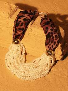 9 Peças em 1 Conjunto Colar de Contas com Estampa de Leopardo em Tecido, Fashionable & Único, Adequado para Festa Formal e Uso Diário de Mulheres - Cor leopardo marrom café - Visão 9