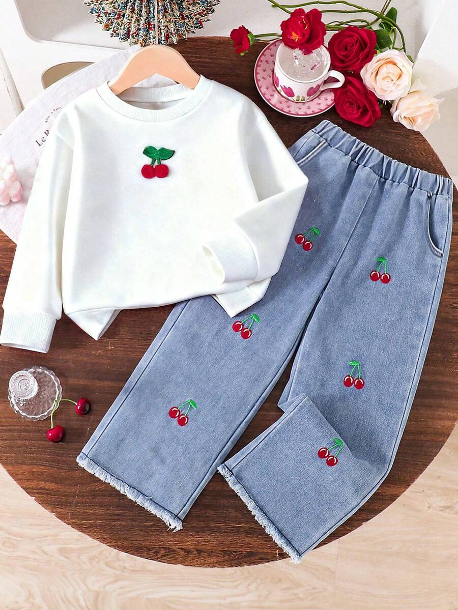 青少年女孩櫻桃圖案刺繡貼布保暖圓領衛衣與櫻桃刺繡牛仔褲 - 白色 - 查看 1