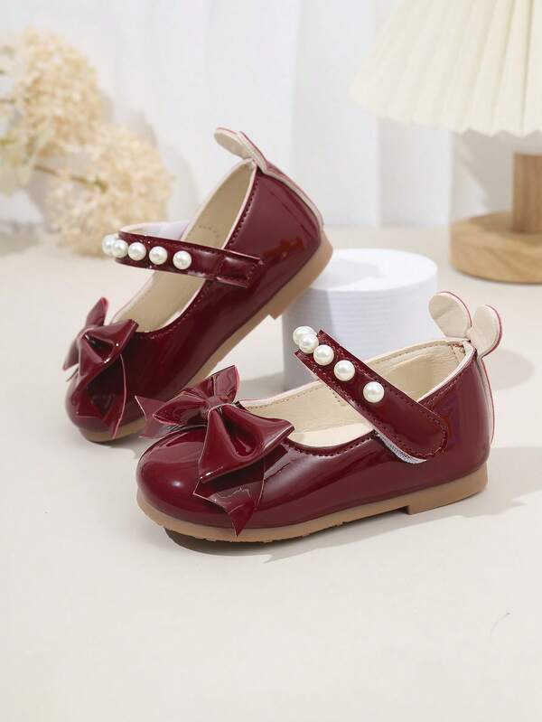 1 par de zapatos de princesa para niñas, con parte superior de cuero brillante, punta redonda con decoración de lazo, dulce y lindo, adecuado para vestidos de princesa, fiestas de cumpleaños, actuaciones, bodas, uso interior y exterior