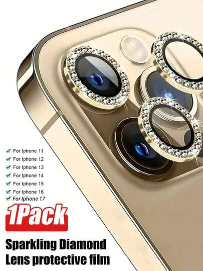 1 Set Gold Diamond Apple Camera Lens Protector, Gold Rhinestone Lens Cover, Fit For IPhone 11/12/13/14/15/16/17/17 Air/17 Pro/17 Pro Max Series Waterproof Shockproof Anti-Fall Anti-Fall Scratch Resistant Anti-Fingerprint Full Cover