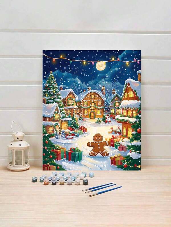 40*50cm Frameless Christmas House Digital Oil Painting DIY Kit, Beginner-Friendly Art Set For Stress Relief, Includes Paint, Brushes, And High-Definition Outline, Waterproof And Quick-Drying Paints, Creative Gift For Friends And Family