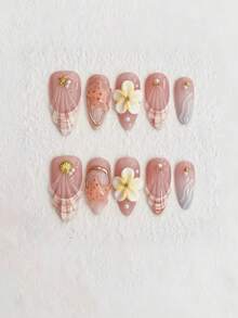 10Pcs Star Flower Press On Nails 100% Handmade Medium 3D Gold Star&Shell Rhinestone Almond Shape Fake Nails Yellow Gradient Glue On Nails Glossy Full Cover Acrylic Nails For Women Summer Manicure Include: 1Pc Jelly Glue And 1Pc Nail File - Multicolor - View 2