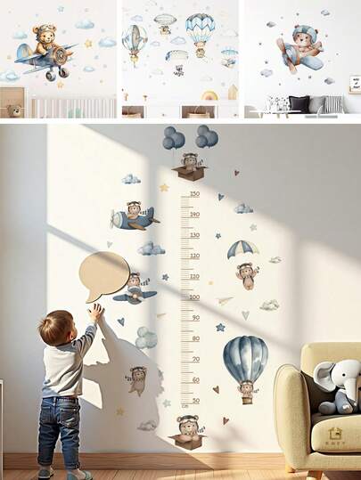 BRUP ​1Pc Growth Chart Wall Stickers For Kids Room, Baby Height Measure Sticker With Cute Flying Airplane Teddy Bear & Hot Air Balloon, Removable Nursery Decor For Boy Girl, Cartoon Animal Wall Art​
