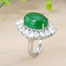1pc Fashionable Imperial Green Jade Gemstone Ring, Cubic Zirconia Inlaid Adjustable Ring, Vintage Palace Style Women Jade Diamond Ring