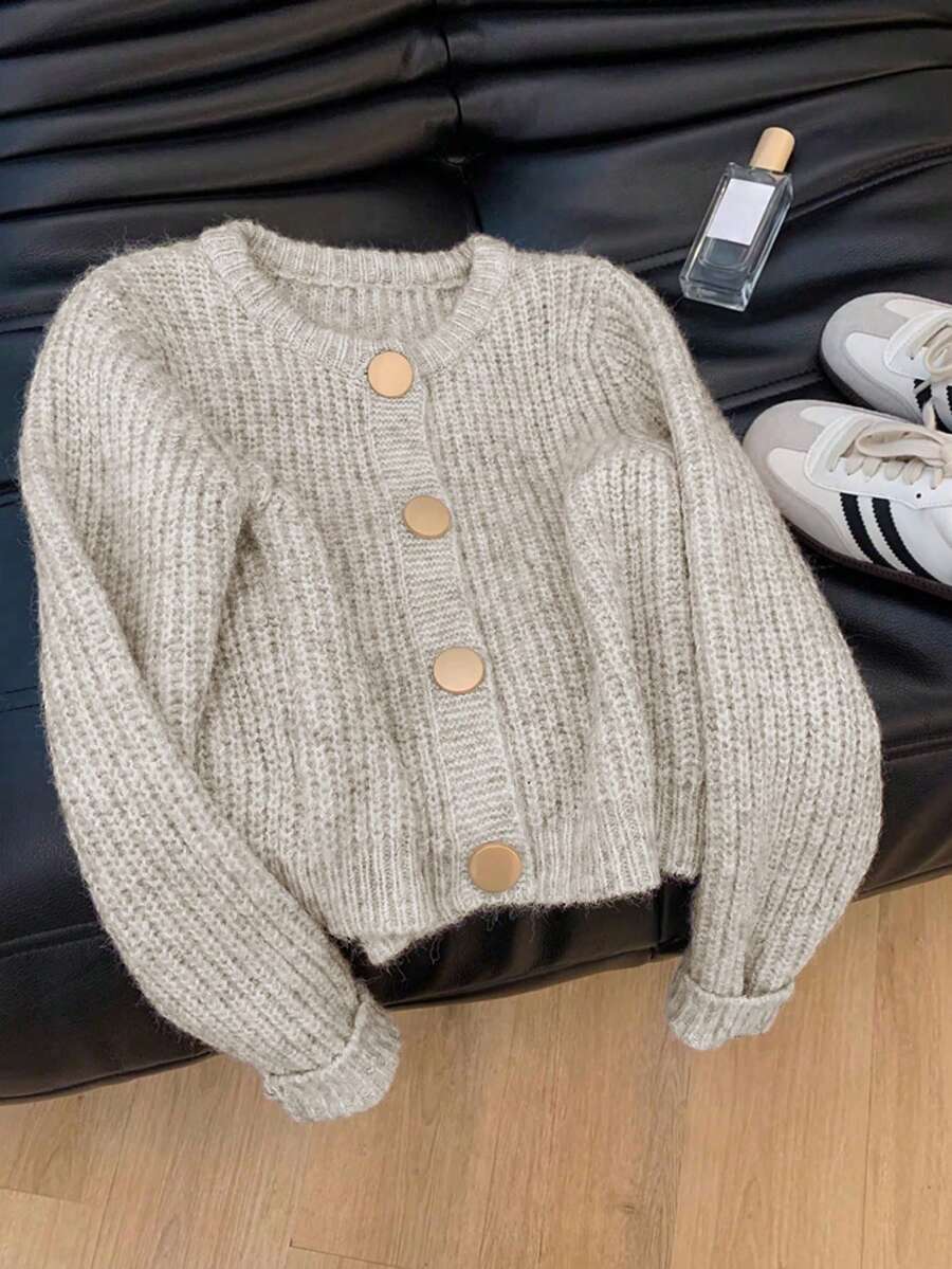 Women's Solid Color Ribbed Cardigan With Round Button, Fashionable And Elegant Autumn/Winter Apparel - Light Floral Coffee - View 1